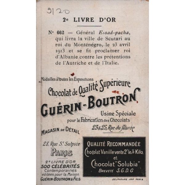 General Esad Paşa görselli Fransızca çikolata kartı, Chocolat Guérin-Boutron, ed. Delmasure, Paris, 7x11 cm