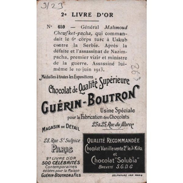 Harbiye Nazırı Mahmud Şevket Paşa Paşa görselli Fransızca çikolata kartı, Chocolat Guérin-Boutron, ed. Delmasure Imp. Paris, 7x11 cm