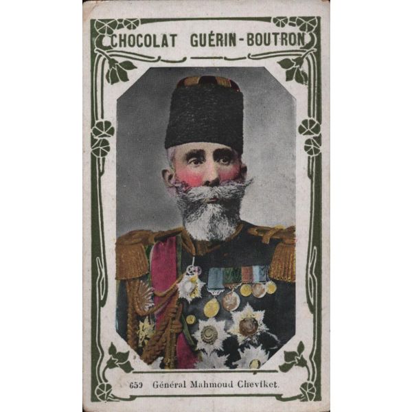 Harbiye Nazırı Mahmud Şevket Paşa Paşa görselli Fransızca çikolata kartı, Chocolat Guérin-Boutron, ed. Delmasure Imp. Paris, 7x11 cm