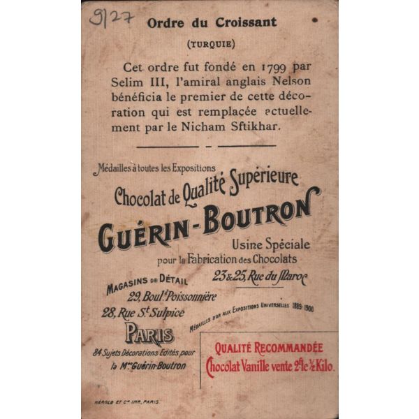 Osmanlı Nişanı görselli Fransızca çikolata kartı, Chocolat Guérin-Boutron, ed. Herold, Paris, 7x11 cm