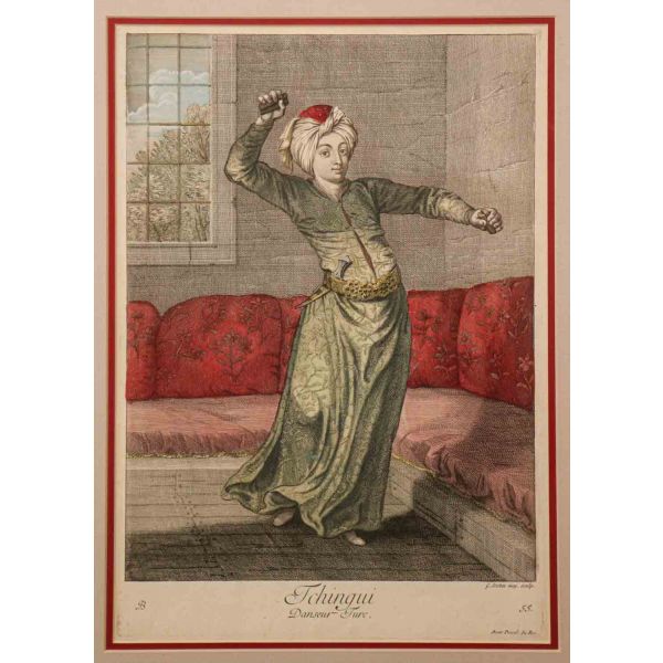 TCHINGUI: DANSEUR TURC (Çengi: Türk Dansçı), Jean-Baptiste Van Mour, 1714, bakır oyma baskı, (çerçevesiyle birlikte) 44x56 cm...