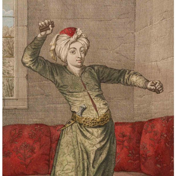 TCHINGUI: DANSEUR TURC (Çengi: Türk Dansçı), Jean-Baptiste Van Mour, 1714, bakır oyma baskı, (çerçevesiyle birlikte) 44x56 cm...