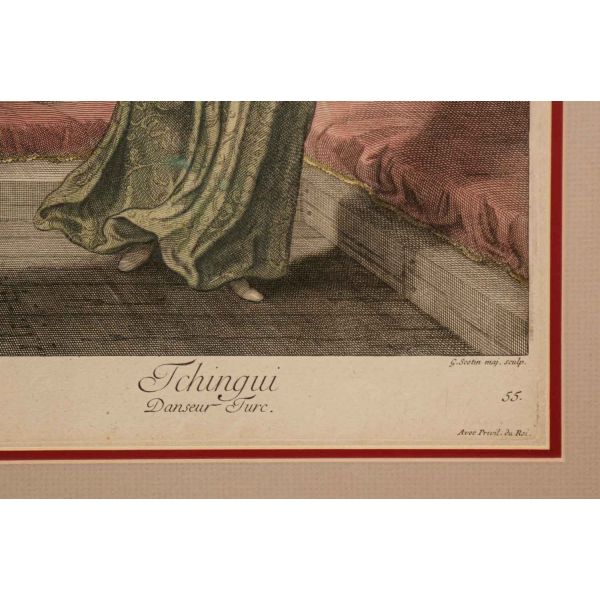 TCHINGUI: DANSEUR TURC (Çengi: Türk Dansçı), Jean-Baptiste Van Mour, 1714, bakır oyma baskı, (çerçevesiyle birlikte) 44x56 cm...