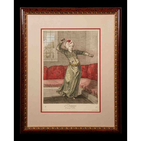 TCHINGUI: DANSEUR TURC (Çengi: Türk Dansçı), Jean-Baptiste Van Mour, 1714, bakır oyma baskı, (çerçevesiyle birlikte) 44x56 cm...