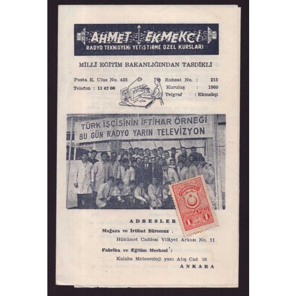 Ahmet Ekmekci Radyo Teknisyeni Yetiştirme Özel Kursları´nın tanıtım ilanı, 11x17 cm...