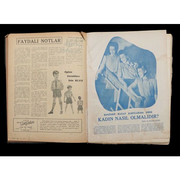 TÜRK KADINI dergisinin 1945 ilâ 1946 yılları arasında yayımlanan 24 sayısını içeren 2 adet cilt, 12 (2. sene/2. cilt) + 12 (3. sene/3. cilt) sayı, 24x32 cm...