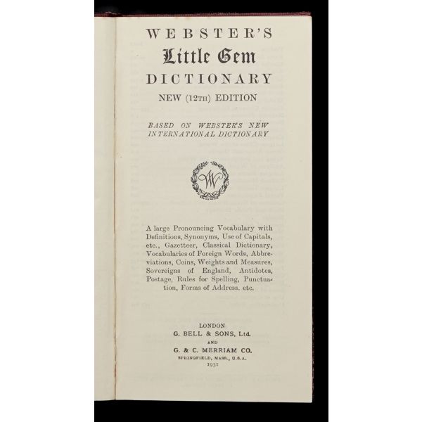 WEBSTER´S LITTLE GEM ENGLISH DICTIONARY, 1931, G.Bell &Sons Ltd. Londra, 244 sayfa, 8x16 cm...