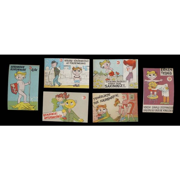 Türkiye Ulusal Verem Savaşı Derneği tarafından yayımlanan, vereme karşı tedbirler konulu altı adet çizim kartpostal, çizgiler meşhur karikatüristimiz Oğuz Aral'a aittir, 13x9 cm...