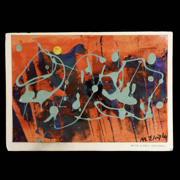 Şair ve ressam Metin Eloğlu tarafından imzalı kağıt üzerine karışık teknik yağlıboya çalışması, 17x12 cm