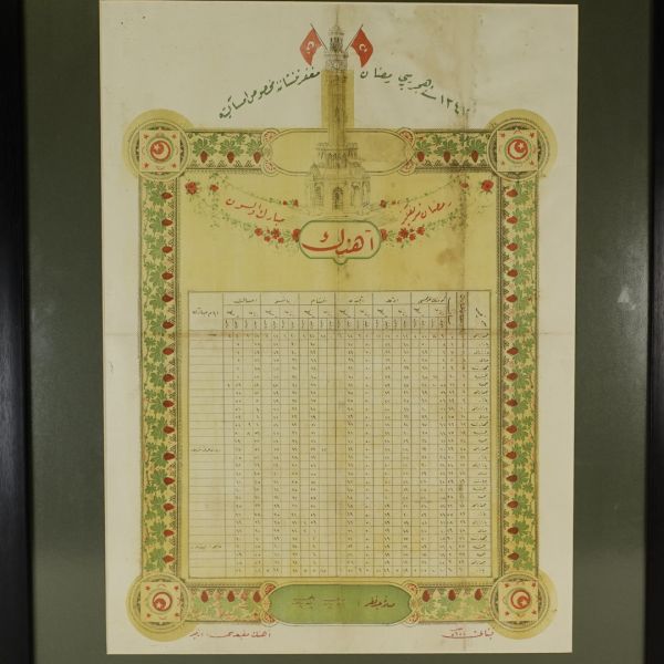 Ahenk Gazetesi´nin yayımladığı, İzmir Saat Kulesi görselli 1342 senesi Ramazan imsakiyesi, Ahenk Matbaası (İzmir), çerçevesiyle birlikte 58x74 cm...