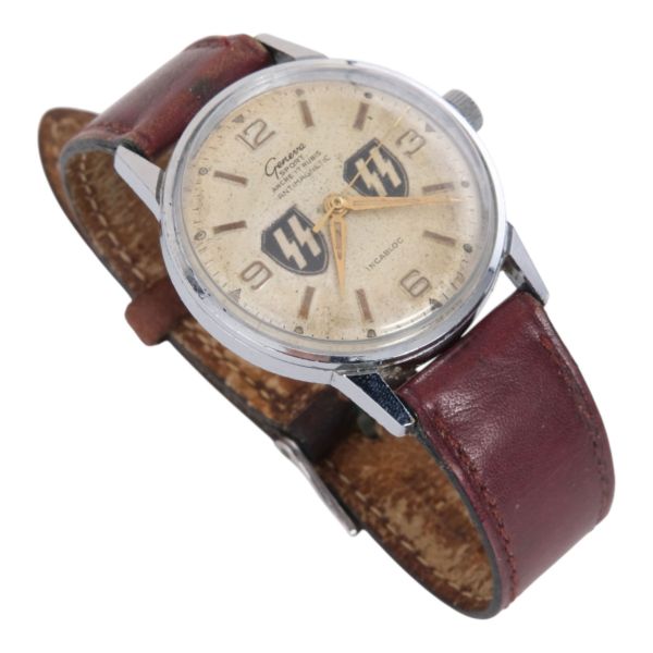 Geneva Sport, Swiss Made, kadranı Nazi SS arması damgalı, deri kordonlu vintage erkek kol saati...