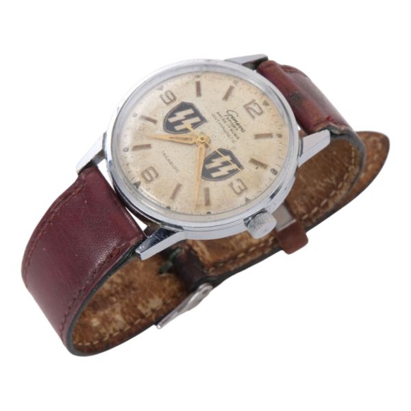 Geneva Sport, Swiss Made, kadranı Nazi SS arması damgalı, deri kordonlu vintage erkek kol saati...