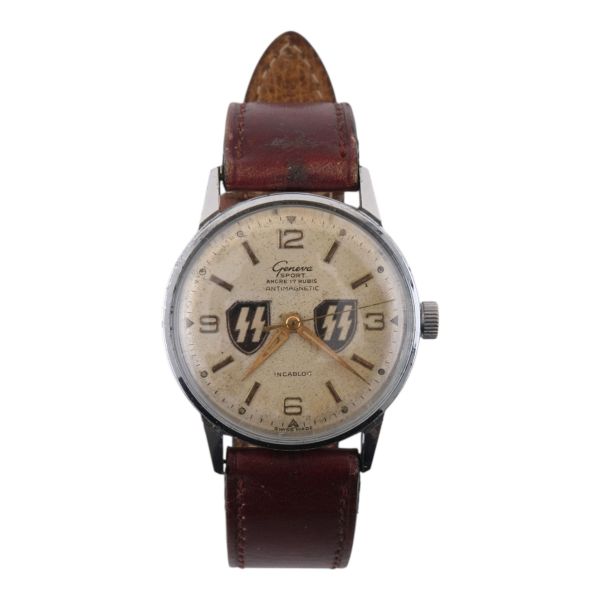 Geneva Sport, Swiss Made, kadranı Nazi SS arması damgalı, deri kordonlu vintage erkek kol saati...