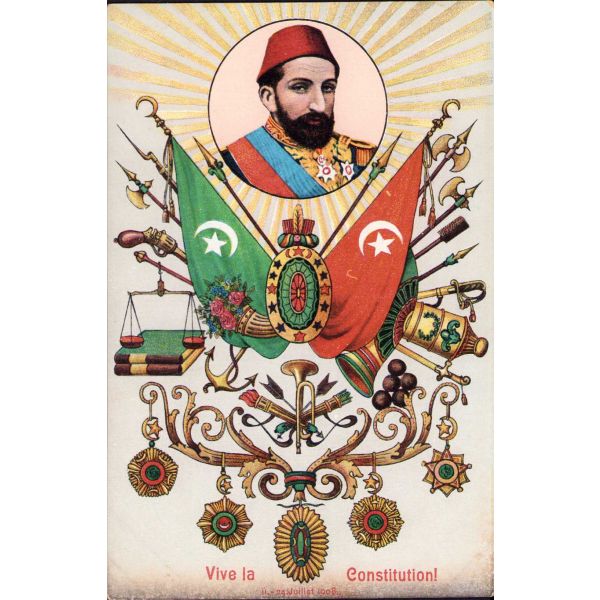Osmanlı kartpostal, Sultan II. Abdülhamid ve Osmanlı Devlet Arması, II. Meşrutiyet temalı, Fransızca 