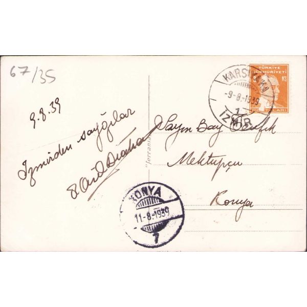 İzmir, Güzel yalı umumi görünüm, Konya damgalı, postadan geçmiş, 1939