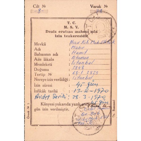TSK Bahriyeli kimliği, 10x7 cm