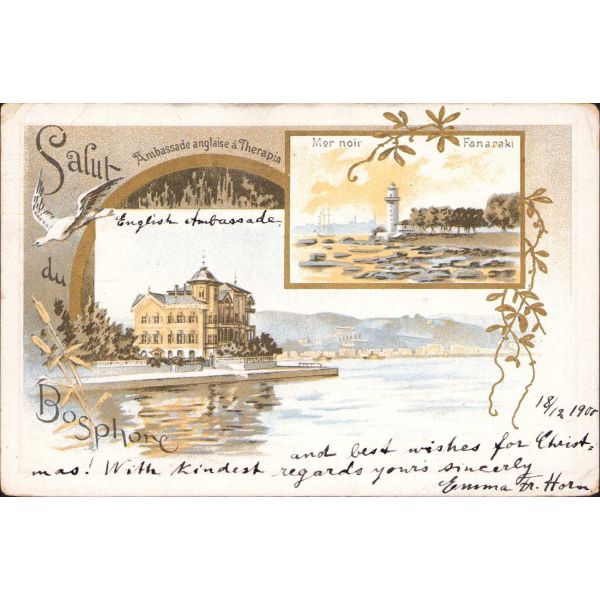 Osmanlı dönemi taş baskı parçalı kartpostal, Boğaz, postadan geçmiş