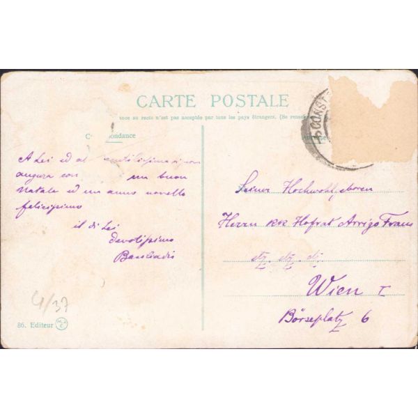 Sultan II. Abdülhamid ve II. Meşrutiyet'in ilanı tasvirli kartpostal, İbranice, Ermenice, Rumca, Fransızca ve Osmanlıca beş dilde, Editör: M. J. C, arkası Fransızca ithaflı.
