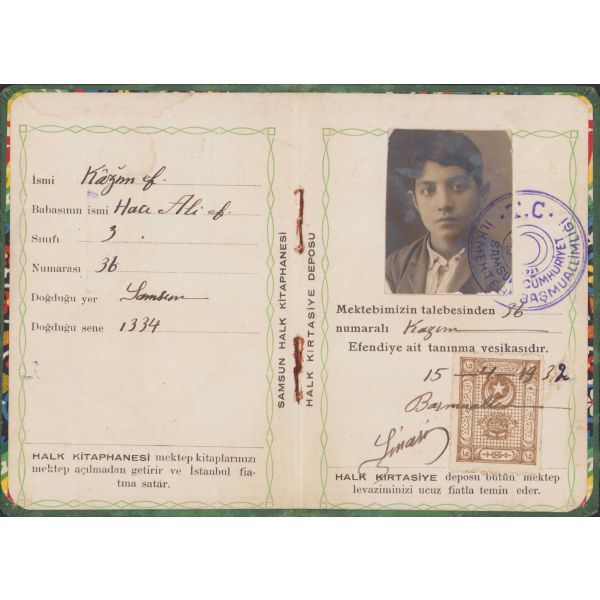 Maarif Vekaleti Mektepli Tanıma Vesikası, Halk Kitaphanesi Samsun, 1932 tarihli, 8,5x12,5cm