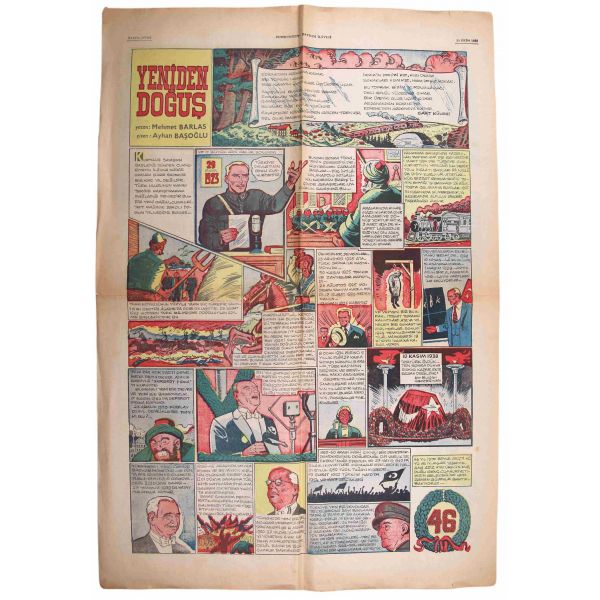 Cumhuriyet gazetesinin Cumhuriyet bayramı eki [ 29 Ekim 1969], arkasında Yeniden Doğuş, yazan Mehmet Barlas, çizen Ayhan Başoğlu, Atatürk görselli, 4 sayfa, 40x60 cm