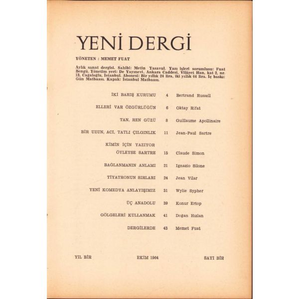 Yeni Dergi 128 Sayı [Tam takım], 1964 - 75, İlk 15 nüshası iki ciltte toplanmış, 17x25 cm