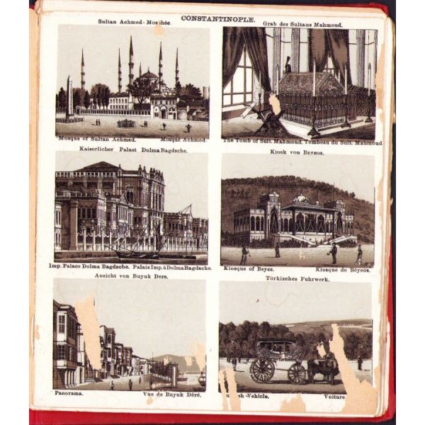 Dünyanın en büyük şehirlerinden genel manzaraları içeren albüm, Üsküdar ve Constantinople manzaraları dahil, 14x16 cm, epey yıpranmış ve sayfaları ayrık haliyle