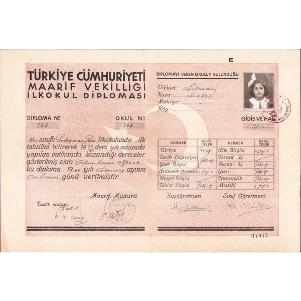 Fotoğraflı ilkokul diploması, Tekirdağ 1940, 23x33 cm