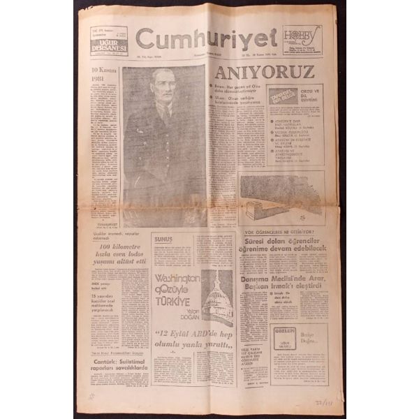 Cumhuriyet gazetesinin 10 Kasım 1981 tarihli ve Mustafa Kemal Atatürk görselli sayısı, 40x62 cm